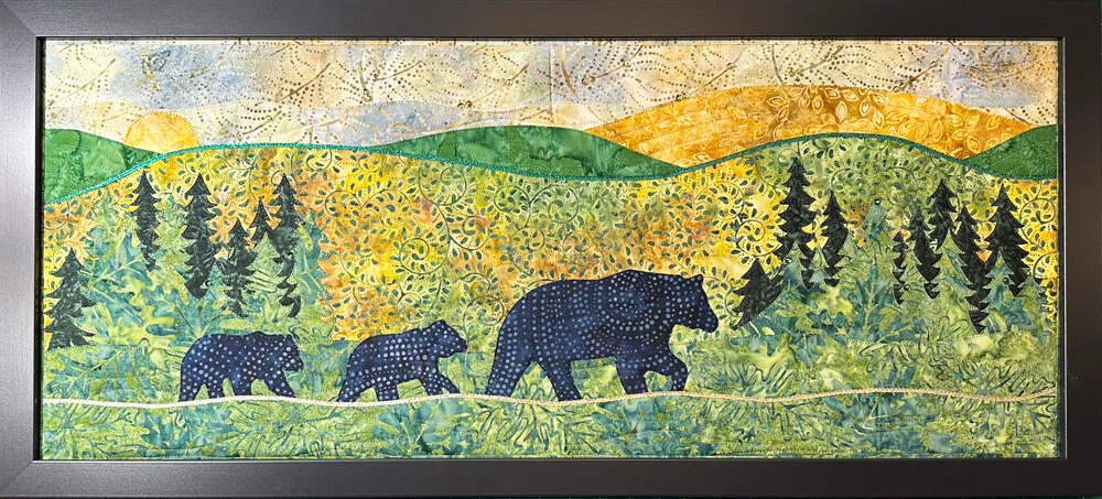 Three Black Bears in the Woods, Framed AppliQuilt Art
