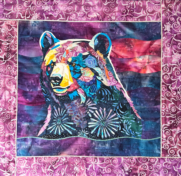 Aurora Bearealis colorful black bear AppliQuilt Art