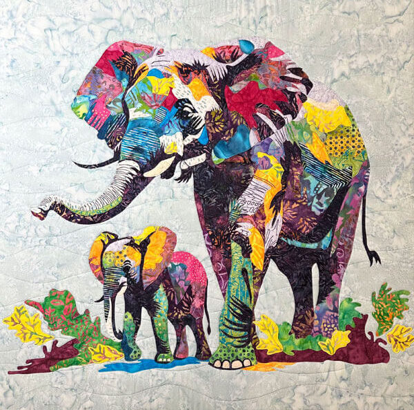 Mama Elephant and Baby Elephant Fabric Collage Quilt Art