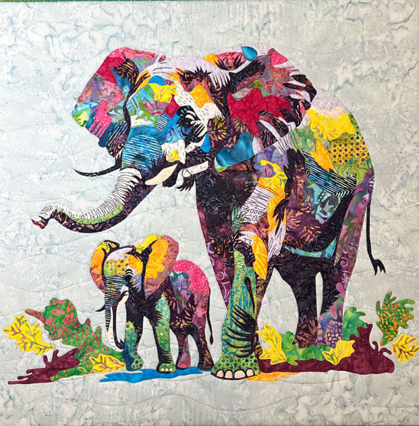 Mama Elephant and Baby Elephant Fabric Collage Quilt Art