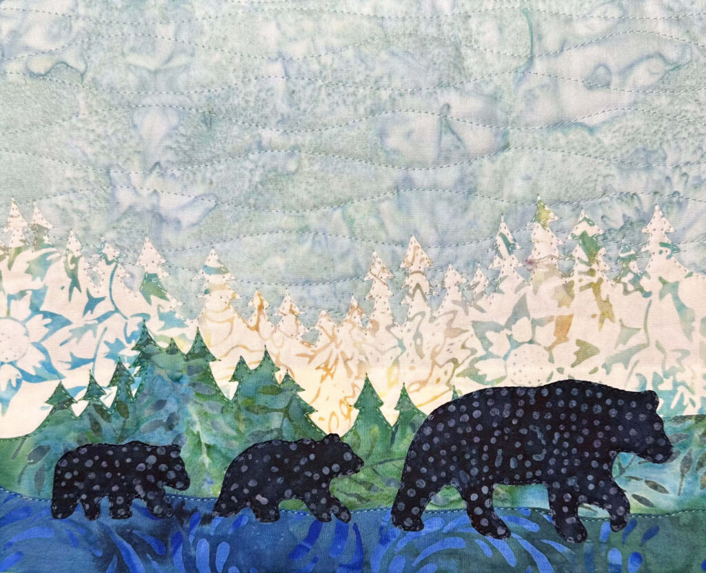 Three Black Bears Fabric Collage Art