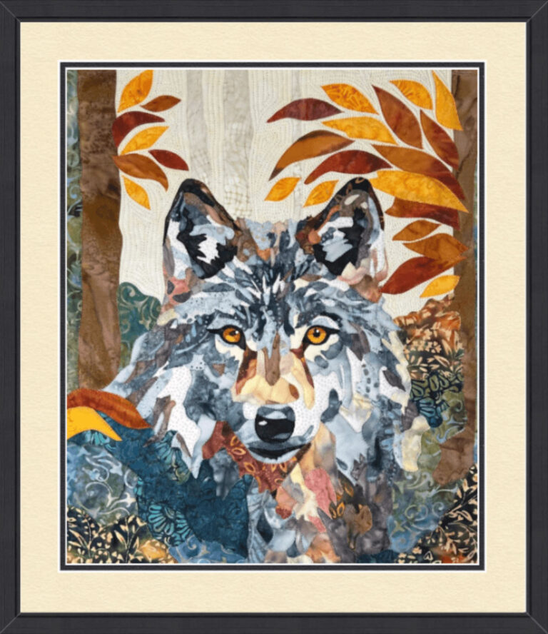 Woodland Wolf Fabric Collage Quilt Art Framed