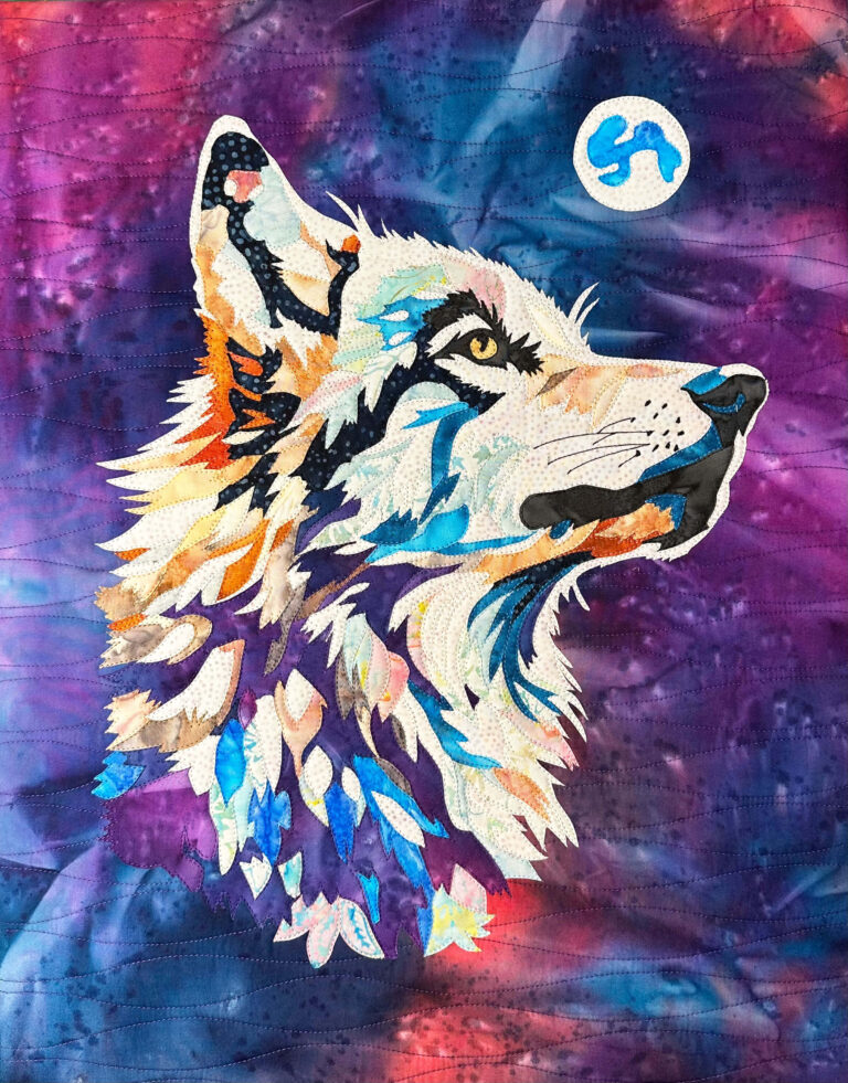 Celestial Wolf Fabric Collage Quilt Art